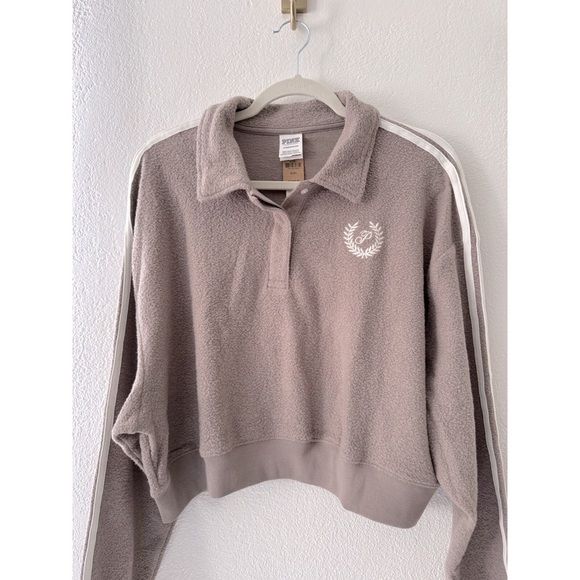 VICTORIA'S SECRET PINK REVERSE FLEECE CROPPED POLO SWEATSHIRT. SZ XL NWT Blush - Picture 11 of 11